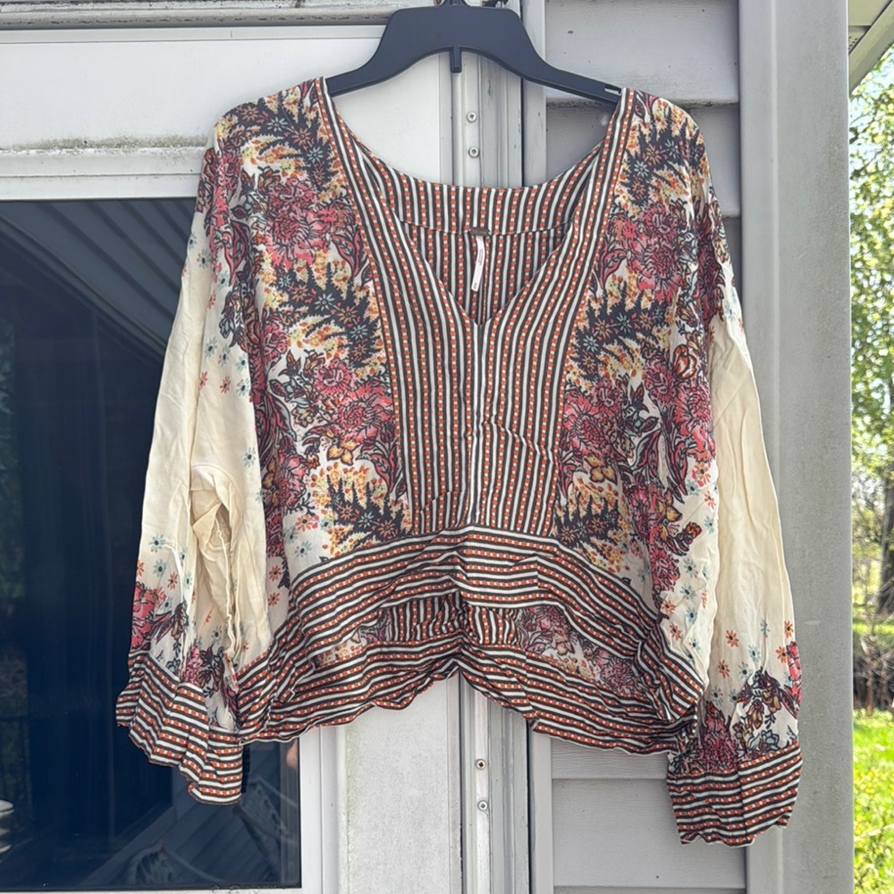 Free People Floral Bohemian Blouse - Cream and Brown